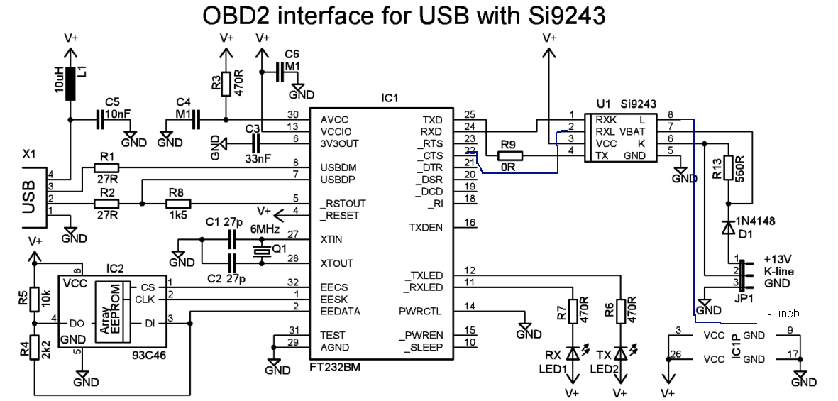 Универсальный адаптер BM9213 USB FT232BL L9637D K-Line KKL